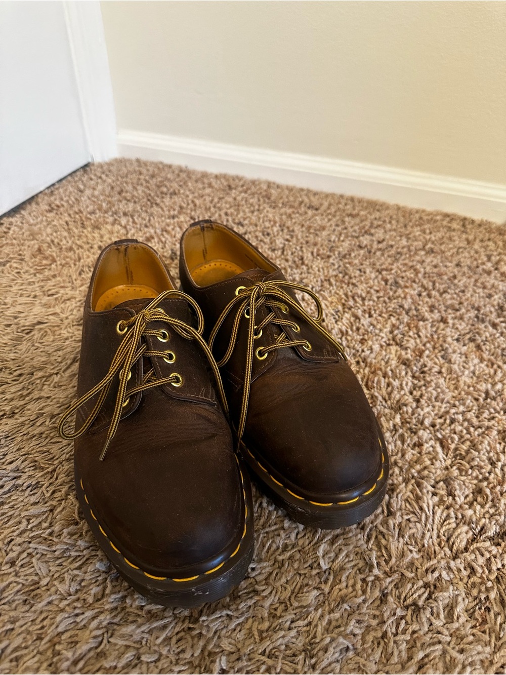 Dr. Martens Brown Leather 3-Eye Derby Shoes with Yellow Stitching